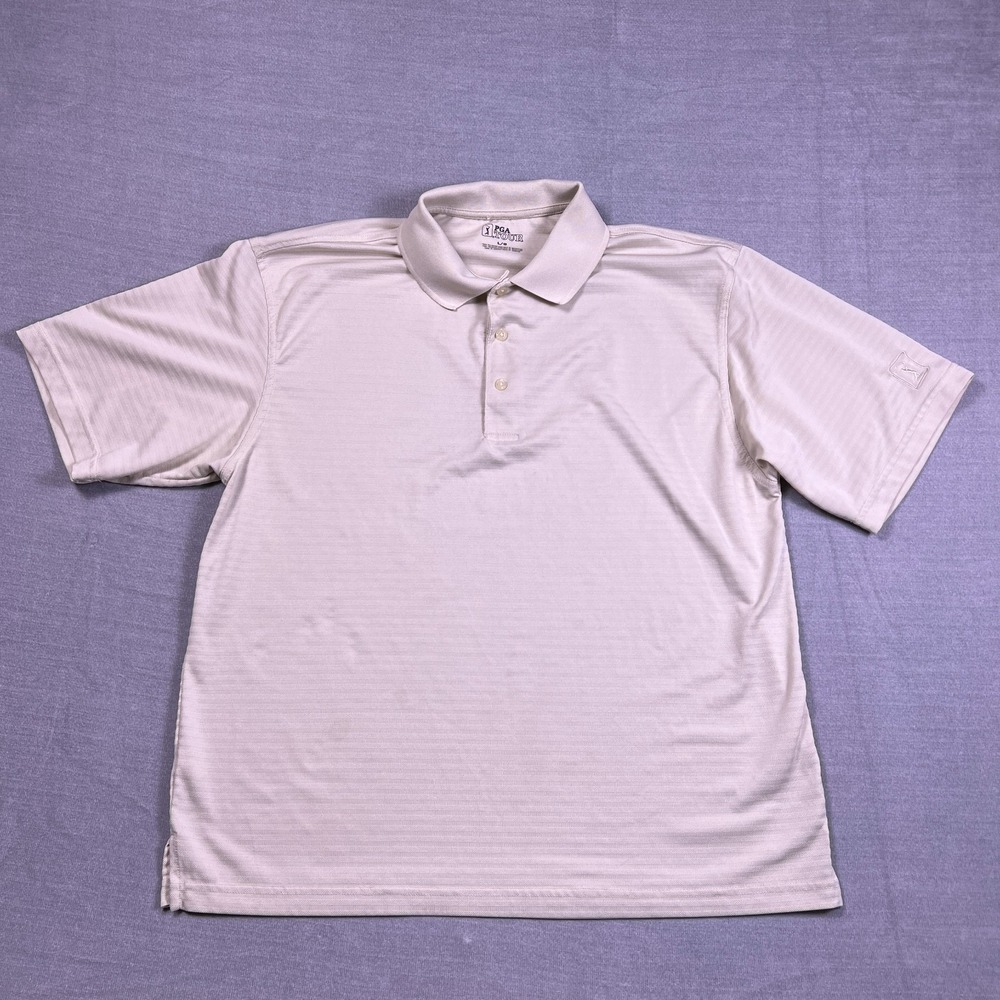 PGA Tour Mens Beige Short Sleeve Striped Performance Golf Polo Shirt Size Large